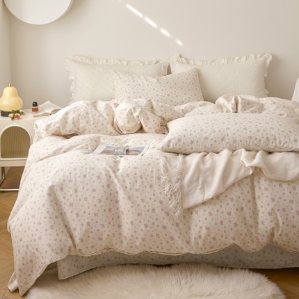 91家纺网 家纺一手货源 找家纺 （总）嘉汀兰家居 2025新款圆角花边款全棉纯棉A类母婴级有氧全棉双层纱亲肤全棉小清新印花四件套