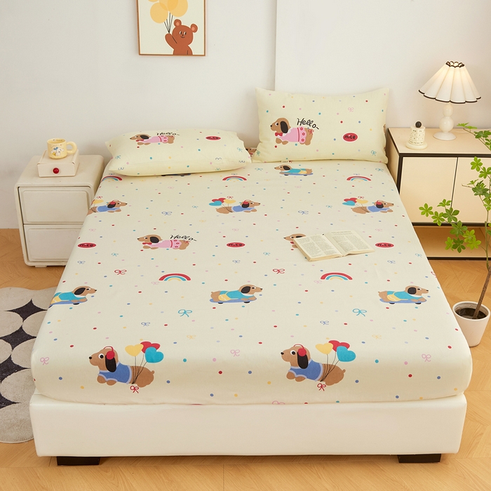 91家纺网 家纺一手货源 找家纺 棉乐町家居 2025新款锦柔老粗布印花床笠 小狗乐园