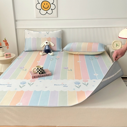 柏薇 2025新款三明治网眼印花凉席套件 五彩花朵