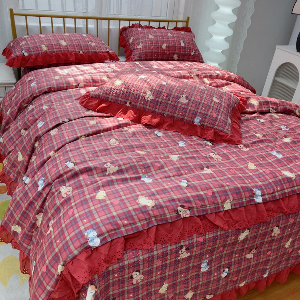 91家纺网 家纺一手货源 找家纺 暖居 2025春夏款高温砂洗棉花床盖三件套被套四件套同款纯棉夏被空调被四季 新年红