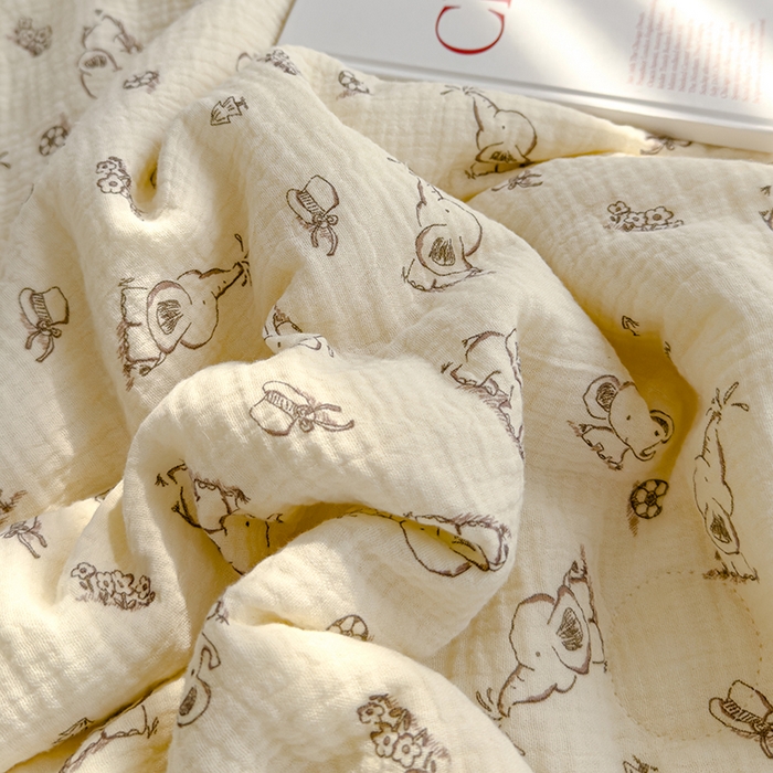 91家纺网 家纺一手货源 找家纺 芯恋 2025新款母婴级全棉皱皱纱儿童被双层纱夏被 欢乐小象