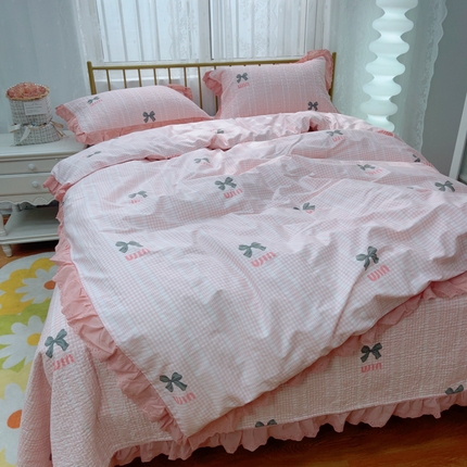 暖居 2025春夏款高温砂洗棉花床盖三件套被套四件套同款纯棉夏被空调被四季 蝴蝶结粉色