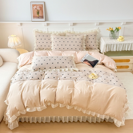 晨晨家纺 2025新款皱皱纱棉拼色床盖四件套 心相印-咖