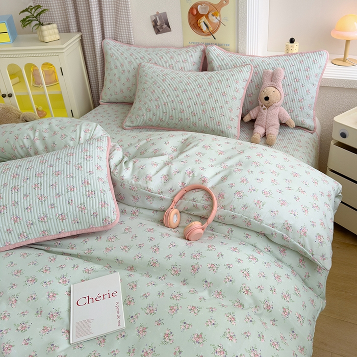 91家纺网 家纺一手货源 找家纺 赫梵茜 2025新款有氧针织双层纱单床盖床盖三件套床盖四件套 南絮