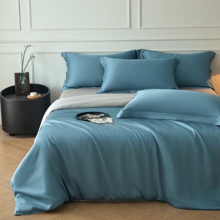 91家纺网 家纺一手货源 找家纺 涵宸2025新款天丝-天丝棉-纯色四件套-场景1 星耀兰+时尚灰