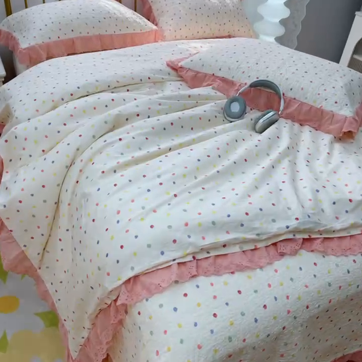 91家纺网 家纺一手货源 找家纺 暖居 2025春夏款高温砂洗棉花床盖三件套被套四件套同款纯棉夏被空调被四季 彩色波点