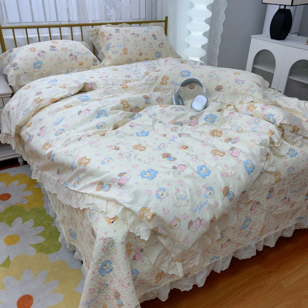 91家纺网 家纺一手货源 找家纺 暖居 2025春夏款高温砂洗棉花床盖三件套被套四件套同款纯棉夏被空调被四季 泡芙小奶狗