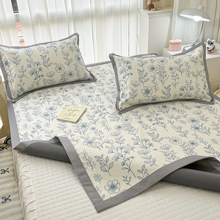 91家纺网 家纺一手货源 找家纺 川悦生活 2025新款600D立体宽边冰丝印花凉席 花簇田园