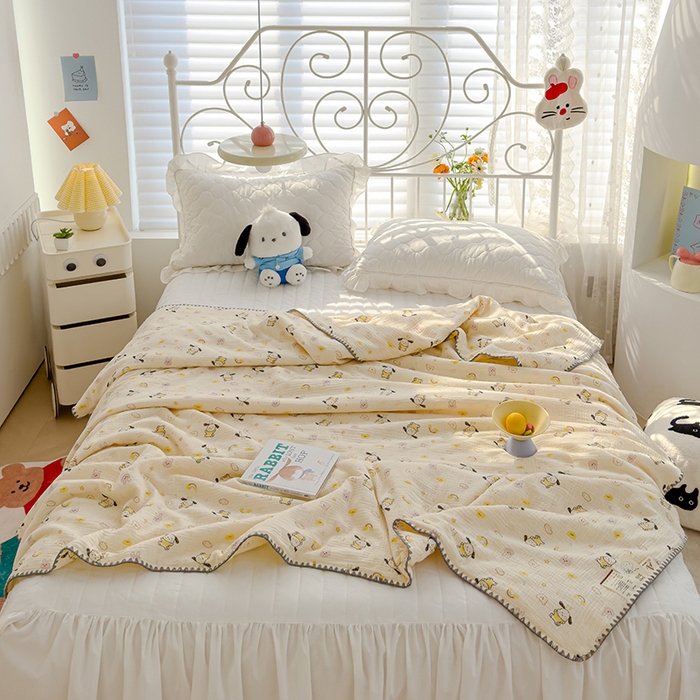 91家纺网 家纺一手货源 找家纺 芯恋 2025新款母婴级全棉皱皱纱儿童被双层纱夏被 霓虹小狗