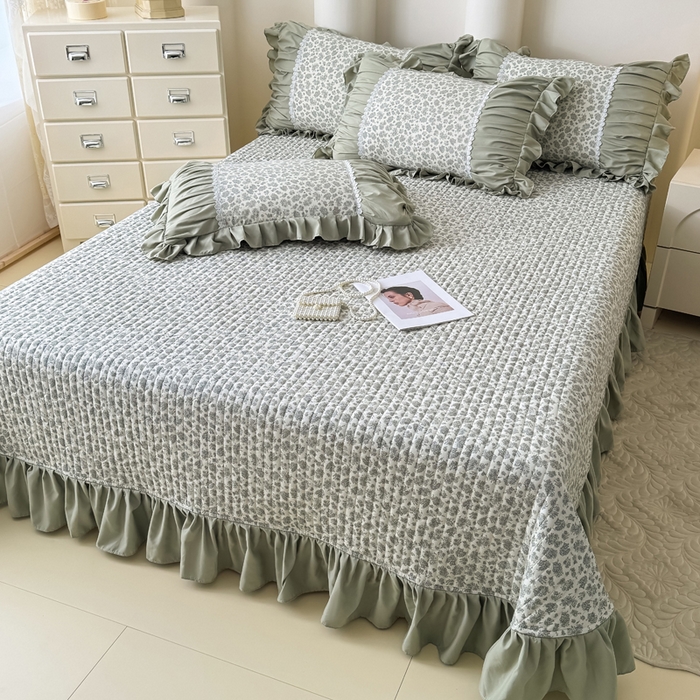 91家纺网 家纺一手货源 找家纺 晨晨 2025春夏新款针织双层纱韩版床盖四件套 茉莉青提