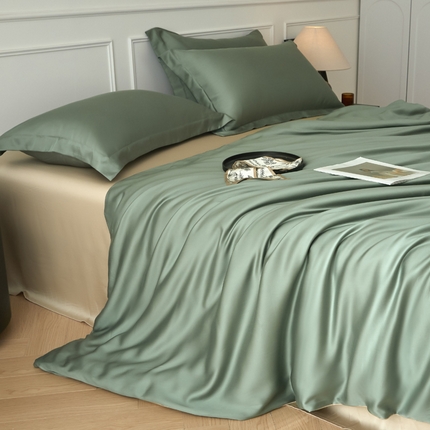 91家纺网 家纺一手货源 找家纺 涵宸2025新款天丝-天丝棉-纯色四件套-场景1 赛琳绿+奶茶杏