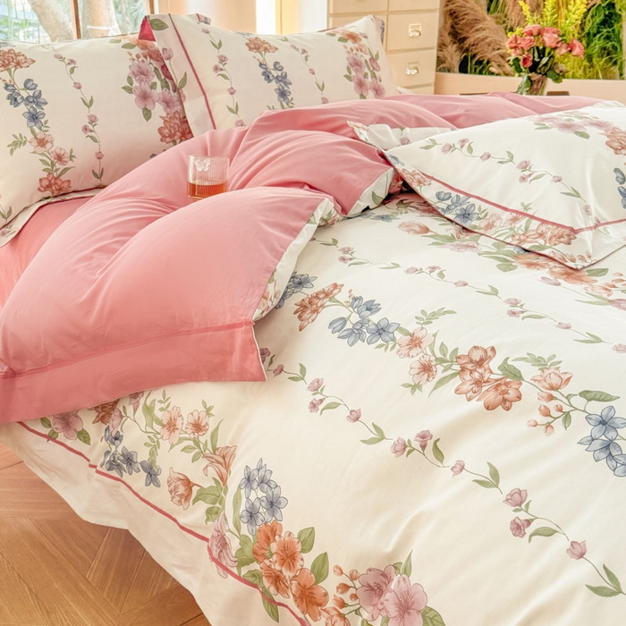 91家纺网 家纺一手货源 找家纺 7V 2025新款轻奢大宽边100%纯棉四件套133*76全棉喷气宽幅长绒棉被套床单床笠套件 眷恋