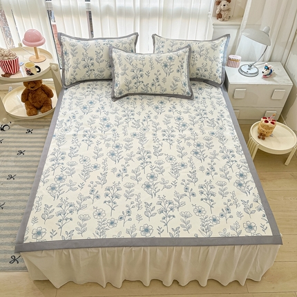 川悦生活 2025新款600D立体宽边冰丝印花凉席 花簇田园