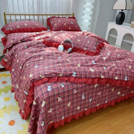 暖居 2025春夏款高温砂洗棉花床盖三件套被套四件套同款纯棉夏被空调被四季 新年红