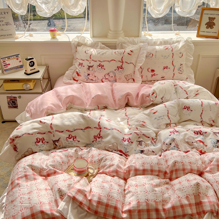 91家纺网 家纺一手货源 找家纺 浩诚 2025新款洛丽塔纯棉花边款四件套 苹果派