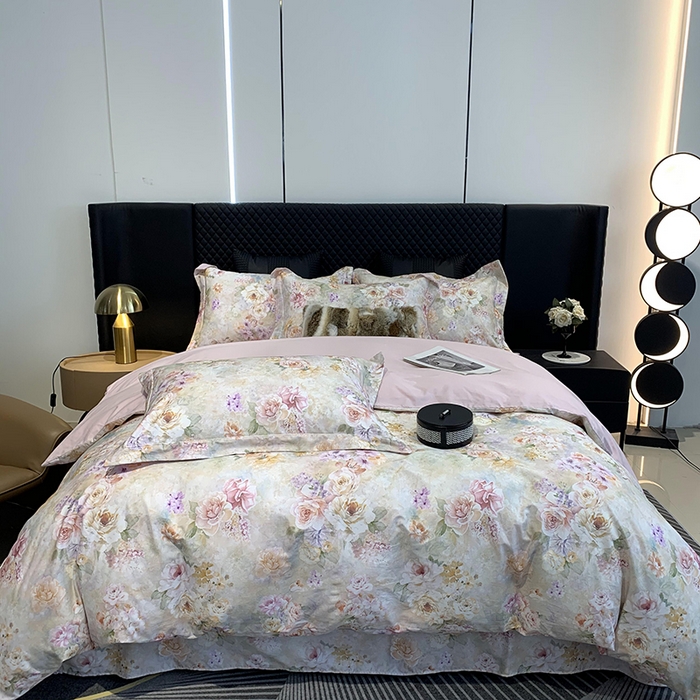 91家纺网 家纺一手货源 找家纺 莱豫家纺 2025新款50支长绒棉数码印花四件套 碧澜