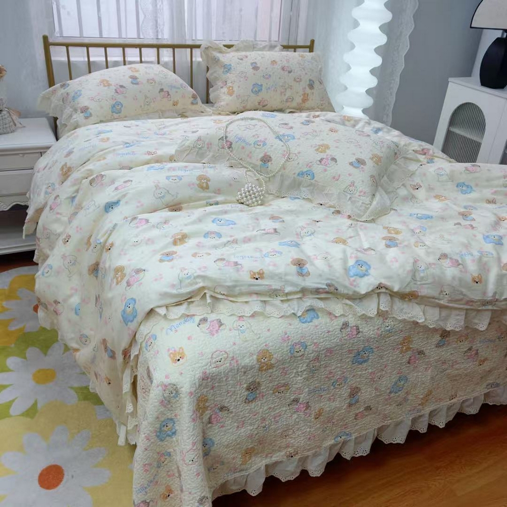 91家纺网 家纺一手货源 找家纺 暖居 2025春夏款高温砂洗棉花床盖三件套被套四件套同款纯棉夏被空调被四季 泡芙小奶狗