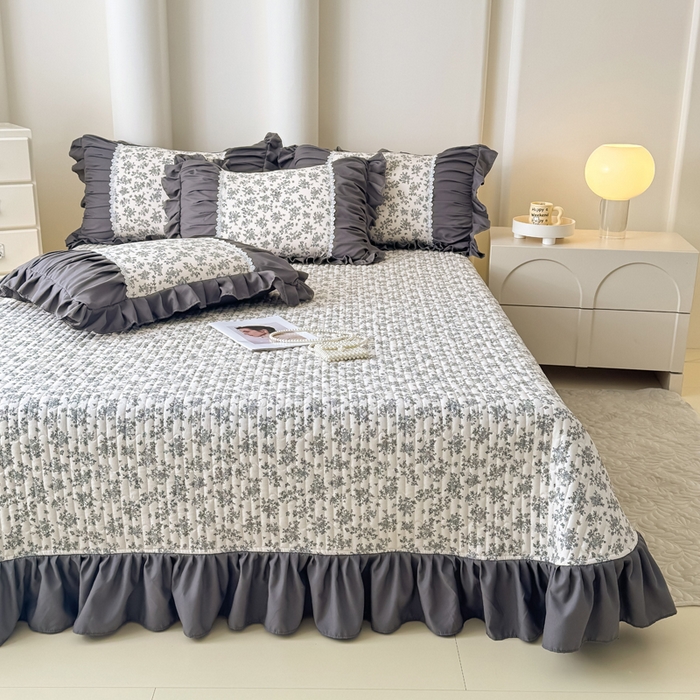 91家纺网 家纺一手货源 找家纺 晨晨 2025春夏新款针织双层纱韩版床盖四件套 萱花-灰