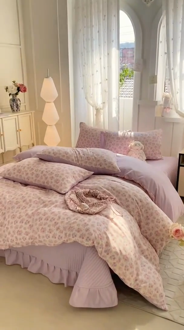 91家纺网 家纺一手货源 找家纺 一比一家纺 2025新款针织双层纱床盖四件套 春天里