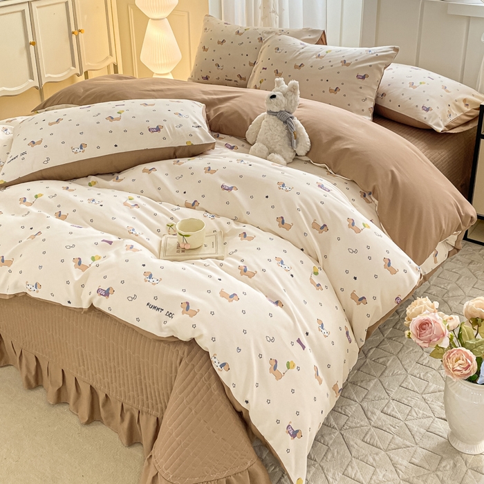 91家纺网 家纺一手货源 找家纺 一比一家纺 2025新款针织双层纱床盖四件套 狗狗家族