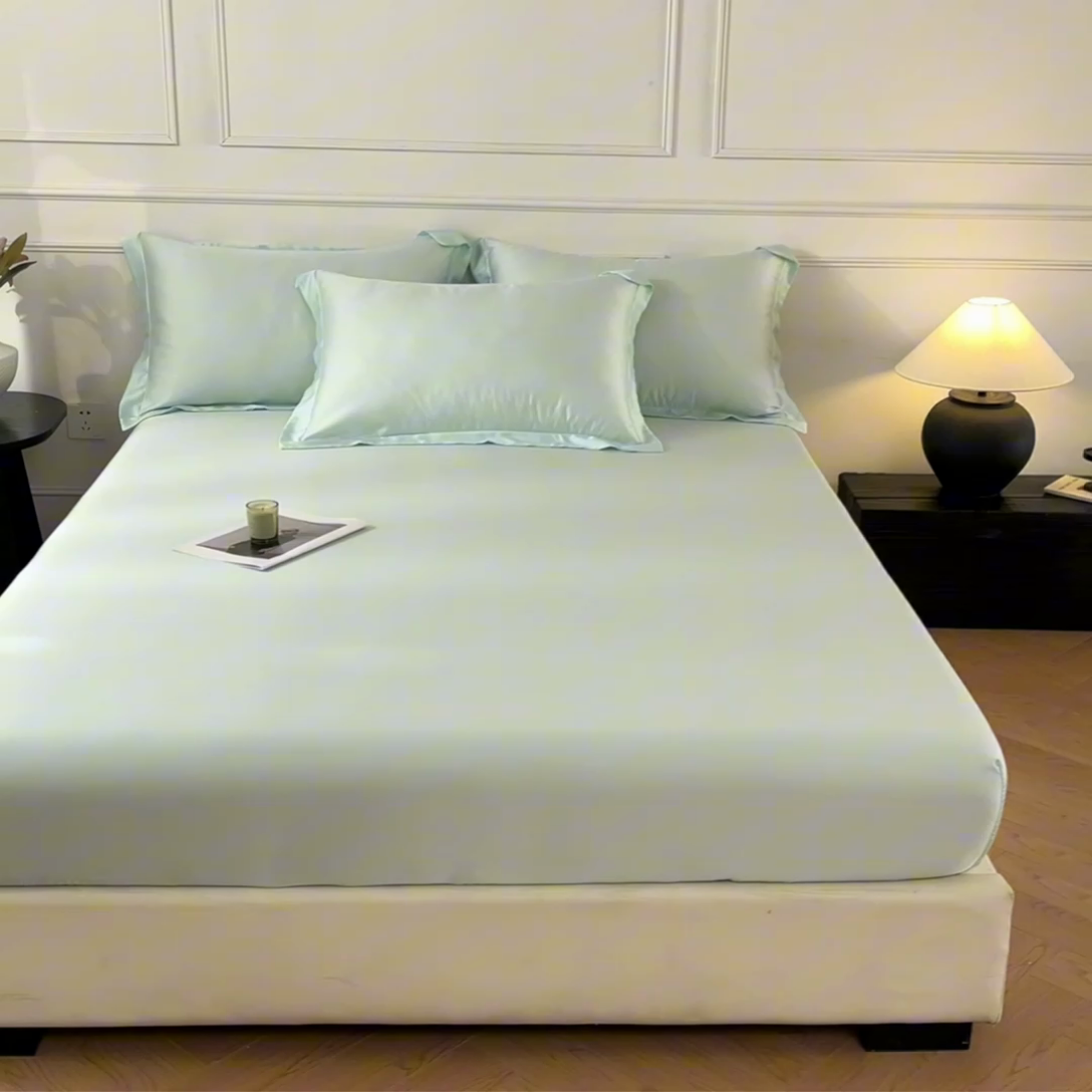 91家纺网 家纺一手货源 找家纺 涵宸2025新款天丝-天丝棉-纯色单床笠-场景1 床笠-空绿