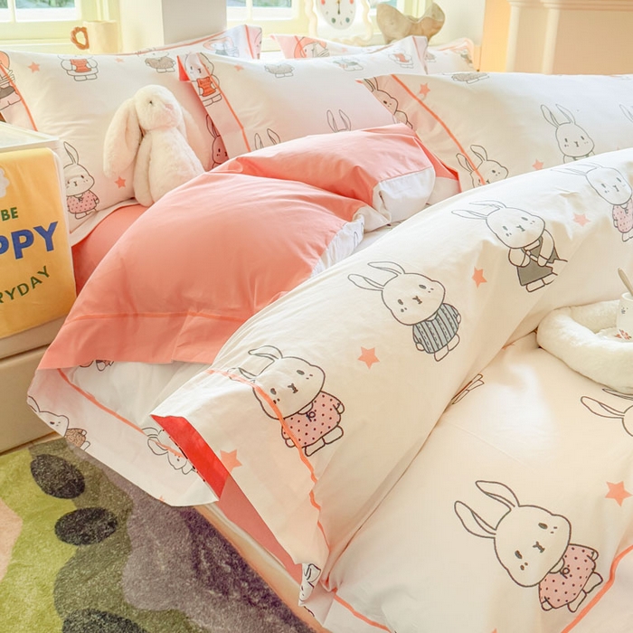 91家纺网 家纺一手货源 找家纺 7V 2025新款轻奢大宽边100%纯棉四件套133*76全棉喷气宽幅长绒棉被套床单床笠套件 星星兔