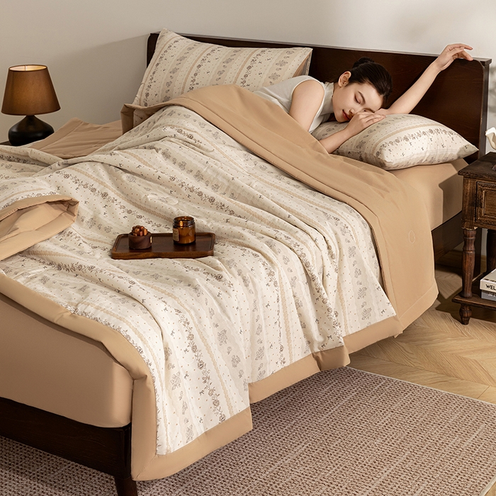 91家纺网 家纺一手货源 找家纺 吾诺 2025 全棉印花单层纱大豆夏被四件套夏凉被空调被子被芯全棉夏被 恬美