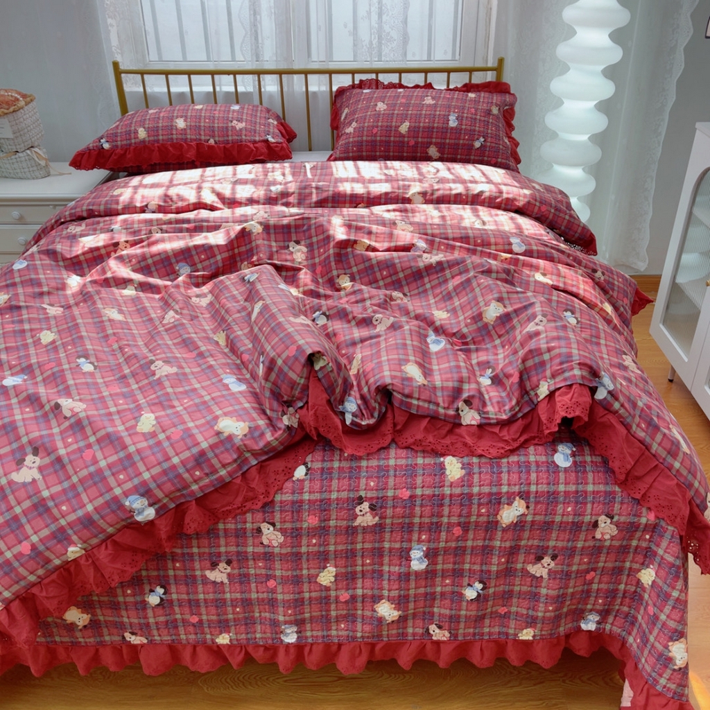 91家纺网 家纺一手货源 找家纺 暖居 2025春夏款高温砂洗棉花床盖三件套被套四件套同款纯棉夏被空调被四季 新年红