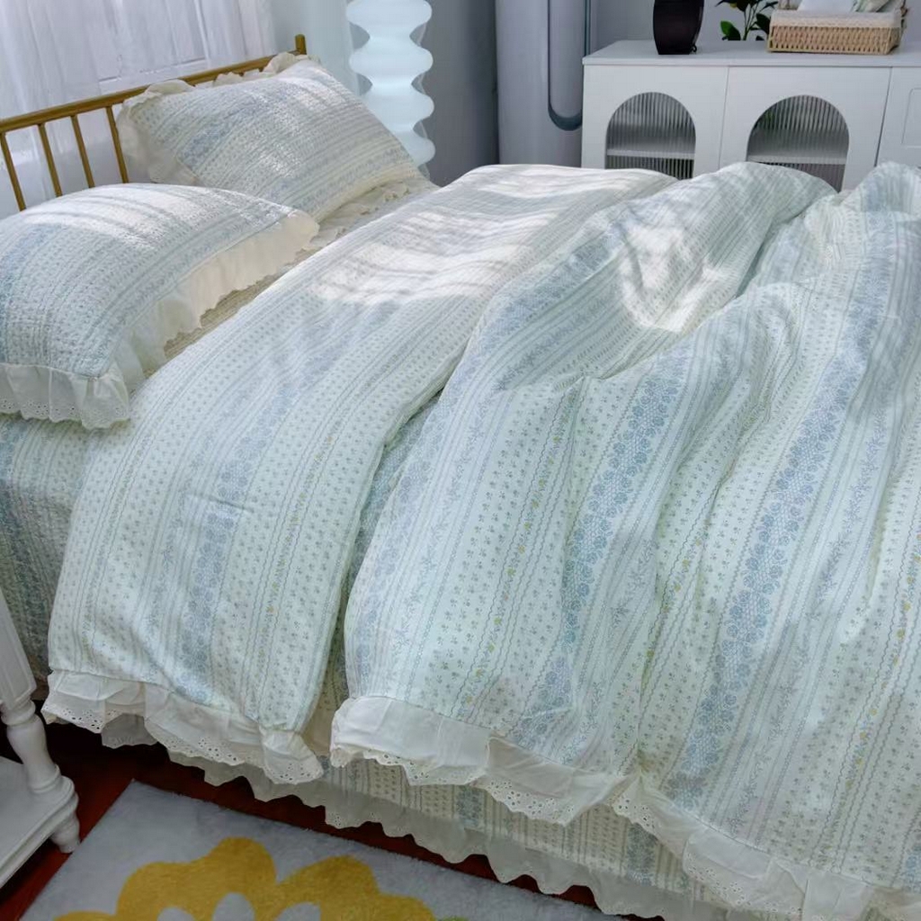 91家纺网 家纺一手货源 找家纺 暖居 2025春夏款高温砂洗棉花床盖三件套被套四件套同款纯棉夏被空调被四季 蓝颜