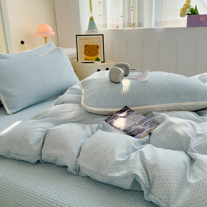 91家纺网 家纺一手货源 找家纺 赫梵茜 2025新款有氧针织双层纱单床盖床盖三件套床盖四件套 方糖-兰