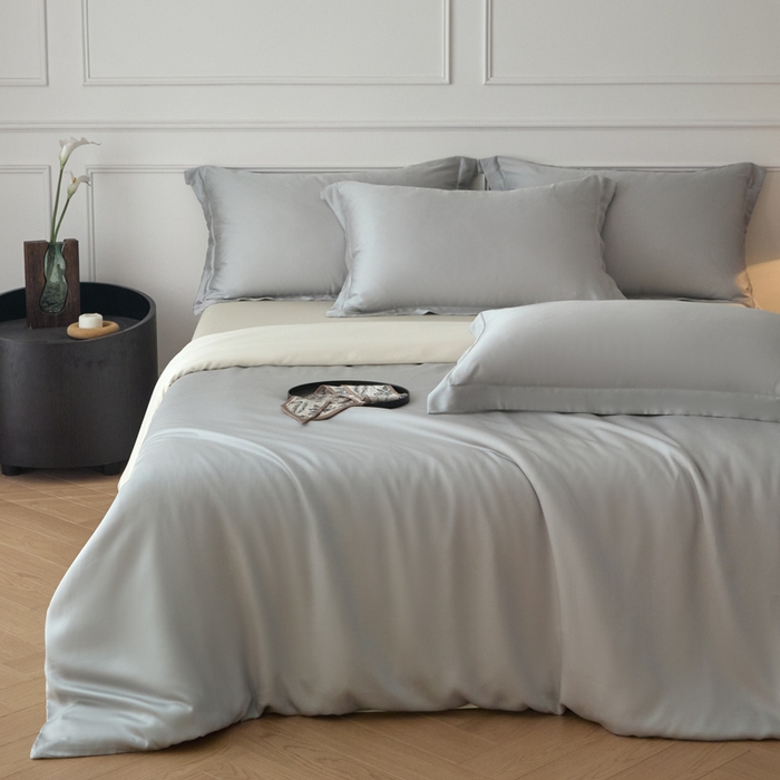 91家纺网 家纺一手货源 找家纺 涵宸2025新款天丝-天丝棉-纯色四件套-场景1 时尚灰+象牙白