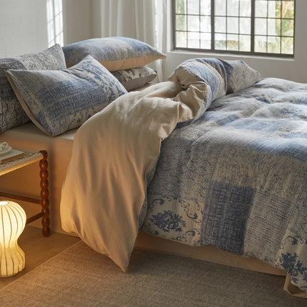 山舍家居 2025新款全棉纯棉色织纱布四件套系列-树下萨瓦呢(棚拍一） 树下萨瓦呢-蓝