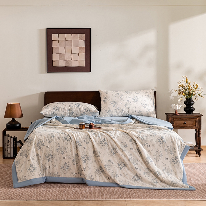 91家纺网 家纺一手货源 找家纺 吾诺 2025 全棉印花单层纱大豆夏被四件套夏凉被空调被子被芯全棉夏被 婉约