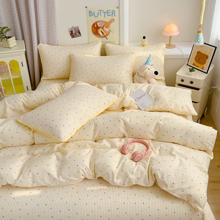 91家纺网 家纺一手货源 找家纺 赫梵茜 2025新款有氧针织双层纱单床盖床盖三件套床盖四件套 奶油波波