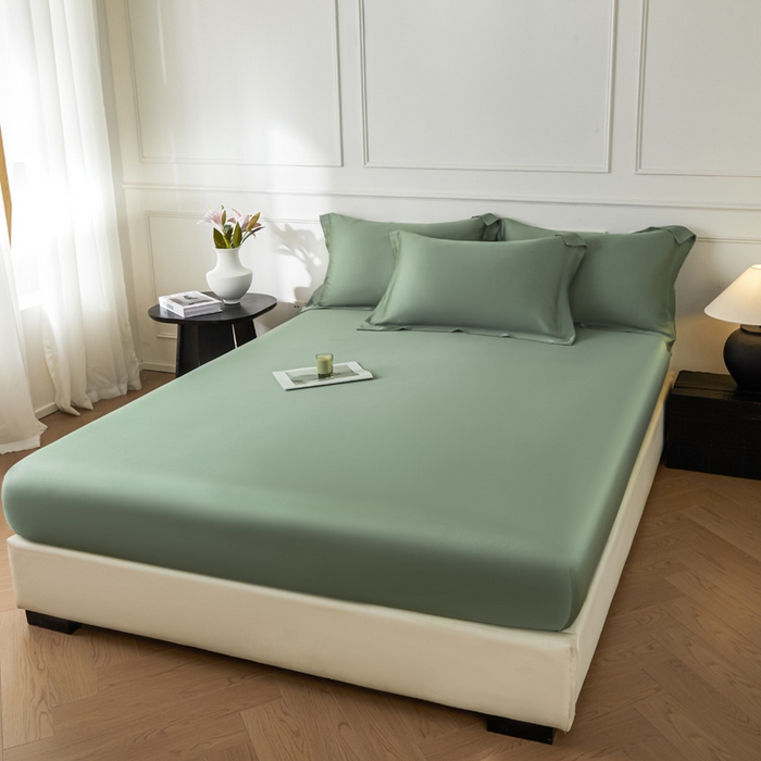 91家纺网 家纺一手货源 找家纺 涵宸2025新款天丝-天丝棉-纯色单床笠-场景1 床笠-赛琳绿