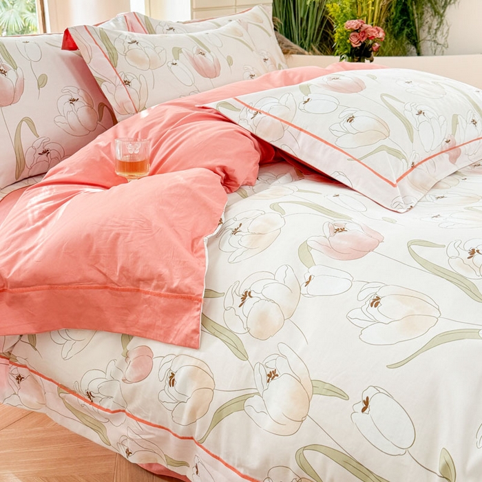 91家纺网 家纺一手货源 找家纺 7V 2025新款轻奢大宽边100%纯棉四件套133*76全棉喷气宽幅长绒棉被套床单床笠套件 玫瑰集-粉