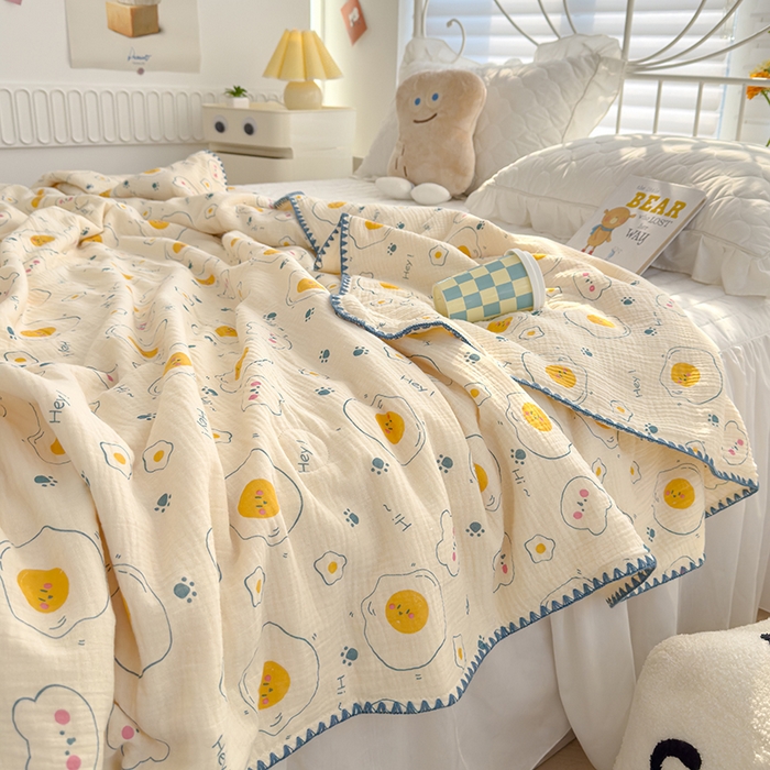 91家纺网 家纺一手货源 找家纺 芯恋 2025新款母婴级全棉皱皱纱儿童被双层纱夏被 荷包蛋