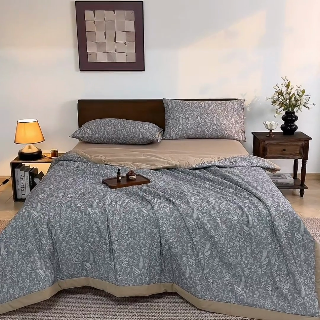 91家纺网 家纺一手货源 找家纺 吾诺 2025 全棉印花单层纱大豆夏被四件套夏凉被空调被子被芯全棉夏被 柔美