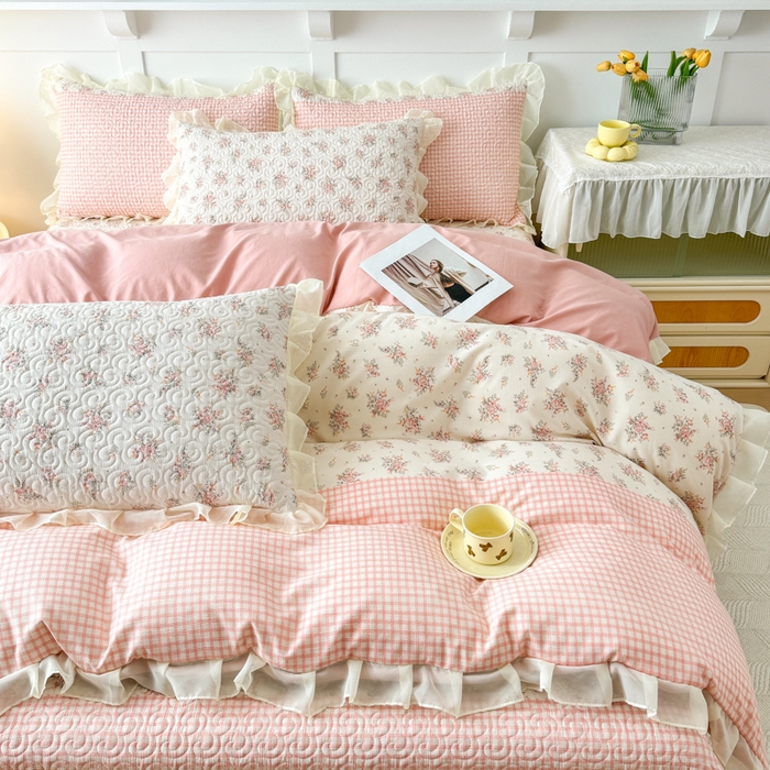 91家纺网 家纺一手货源 找家纺 晨晨家纺 2025新款皱皱纱棉拼色床盖四件套 繁花