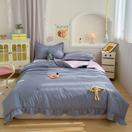 91家纺网 家纺一手货源 找家纺 默忆 2025新款水洗棉双层纱花边夏被夏凉被空调被被子被芯 深蓝小格