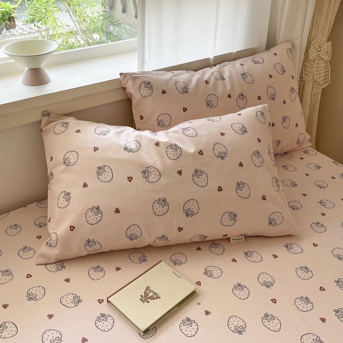 91家纺网 家纺一手货源 找家纺 新印象2025新款直角纯棉老粗布套件 床笠款 老粗布-草莓粉