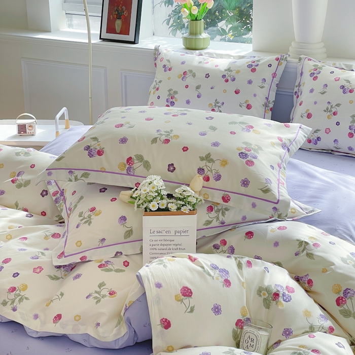 91家纺网 家纺一手货源 找家纺 铭博家纺 新款直播爆款网红全棉四件套13070印花吊边一字绣纯棉被套工艺款 樱桃可可