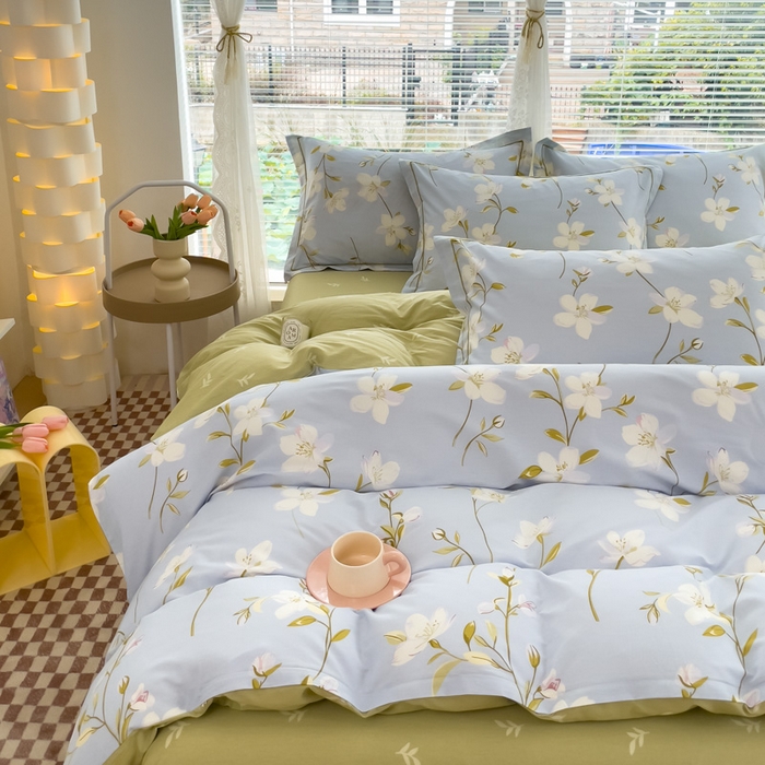 91家纺网 家纺一手货源 找家纺 铭博家纺 新款直播爆款网红全棉四件套13070印花吊边一字绣纯棉被套工艺款 元气晶冻