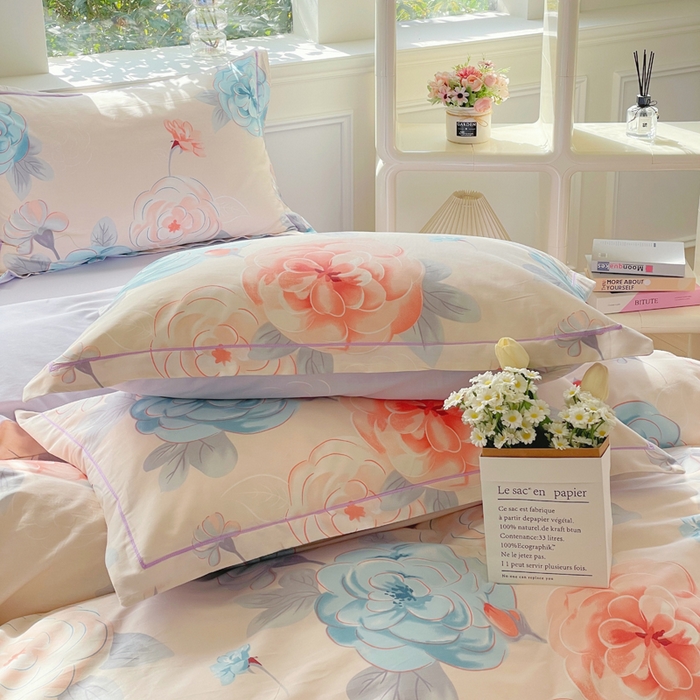 91家纺网 家纺一手货源 找家纺 铭博家纺 新款直播爆款网红全棉四件套13070印花吊边一字绣纯棉被套工艺款 沐颜