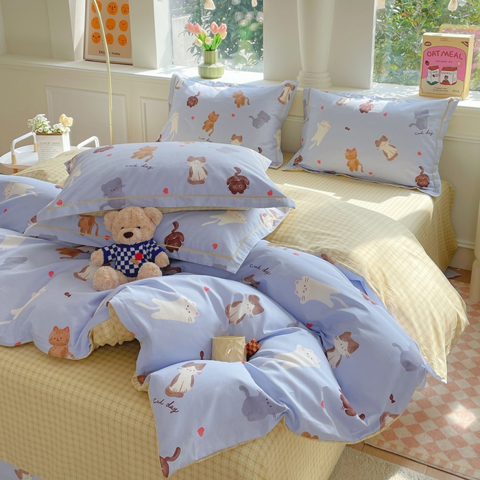 91家纺网 家纺一手货源 找家纺 铭博家纺 新款直播爆款网红全棉四件套13070印花吊边一字绣纯棉被套工艺款 喵星庆典