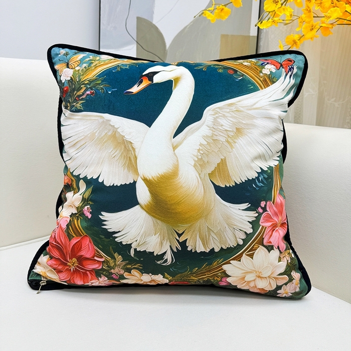 91家纺网 家纺一手货源 找家纺 爱家居 2025新款抱枕沙发新中式靠垫轻奢高级感靠枕床头大靠背正方形抱枕套卡通花卉 展翅的白天鹅
