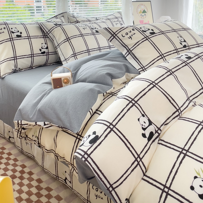 91家纺网 家纺一手货源 找家纺 铭博家纺 新款直播爆款网红全棉四件套13070印花吊边一字绣纯棉被套工艺款 趣味熊猫