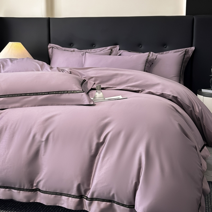 91家纺网 家纺一手货源 找家纺 魅都 2025新款100支长绒棉简约织带轻奢风四件套-罗伊 香芋紫