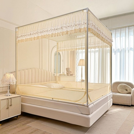 梦尔佳蚊帐 2025新款双层花边全包围全底款和床笠款三开门蚊帐-863系列青春亮丽 米黄