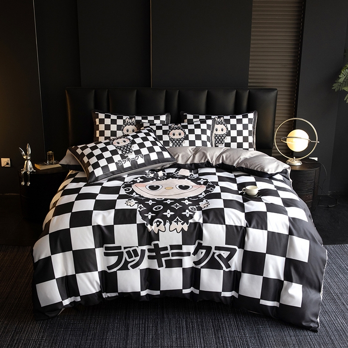 91家纺网 家纺一手货源 找家纺 2025新款水洗真丝数码印花四件套 棋盘兔